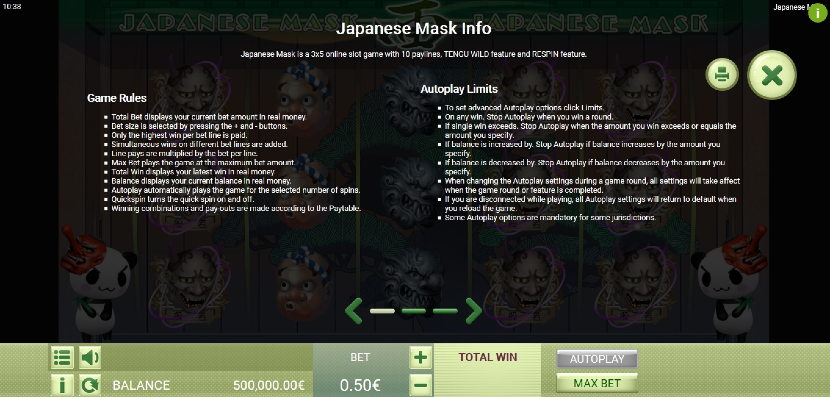 Info of Japanese Mask Slot Game by Gamatron