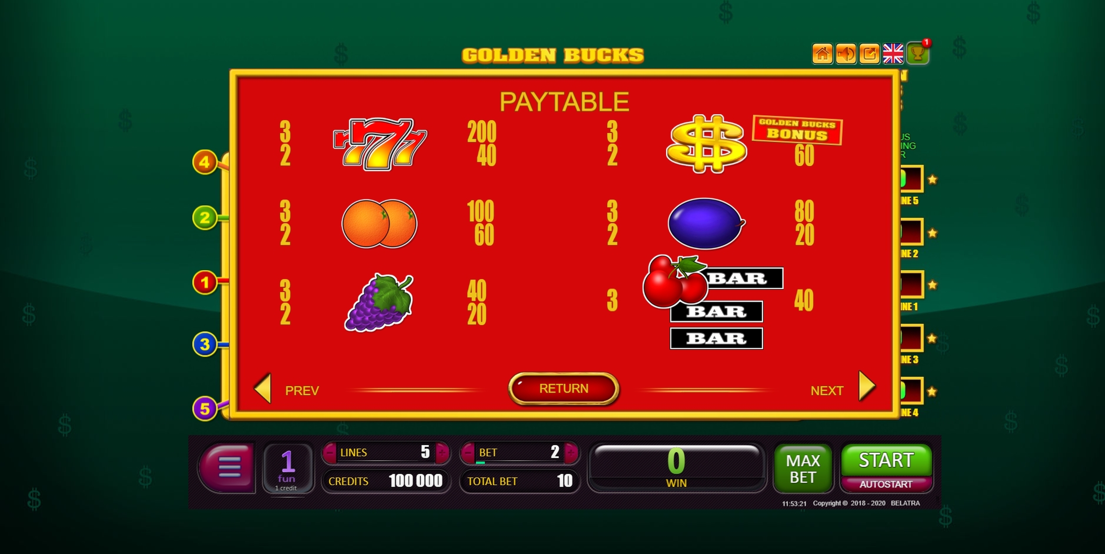 Info of Golden Bucks Slot Game by Belatra Games