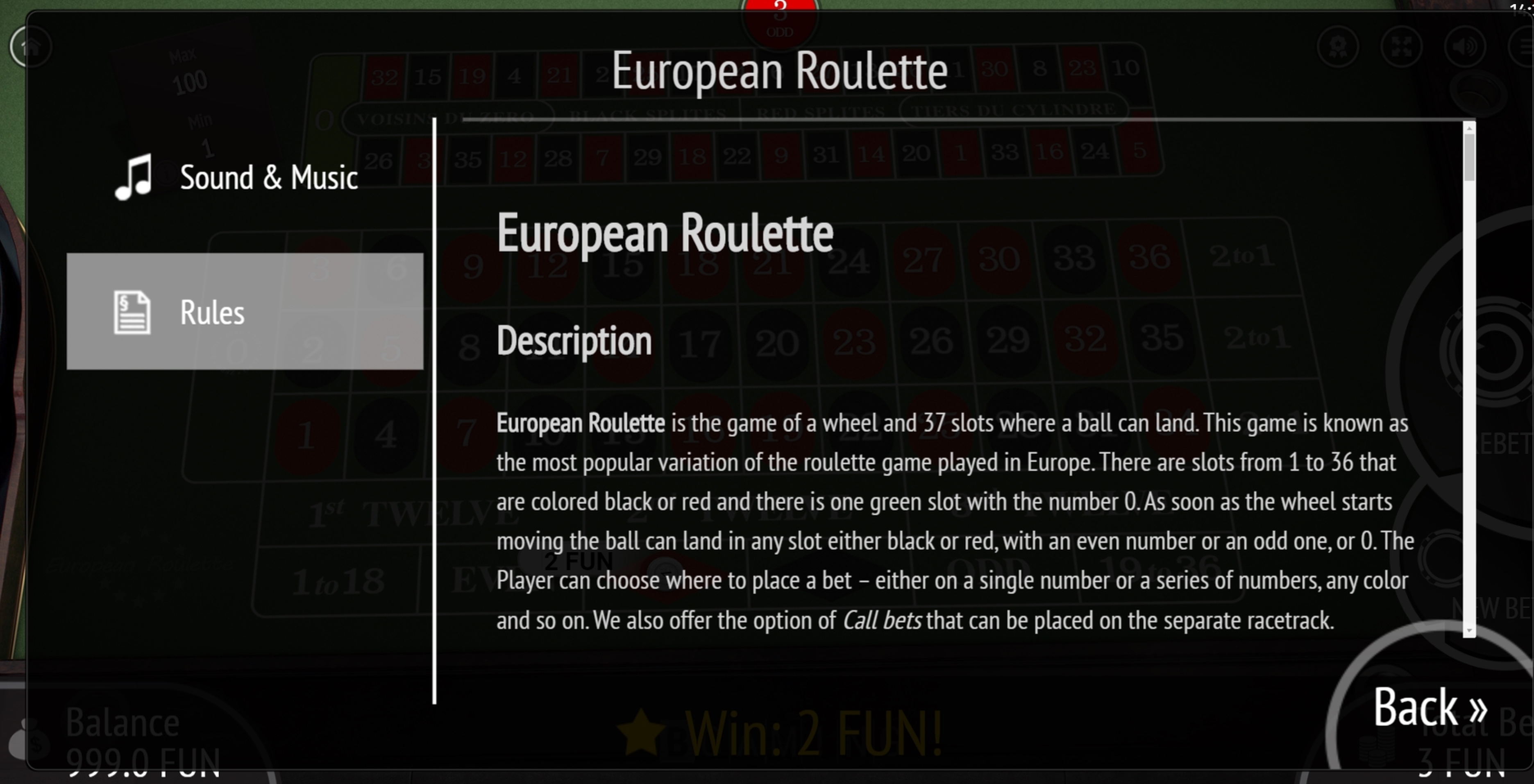 Info of European Roulette Slot Game by BGAMING