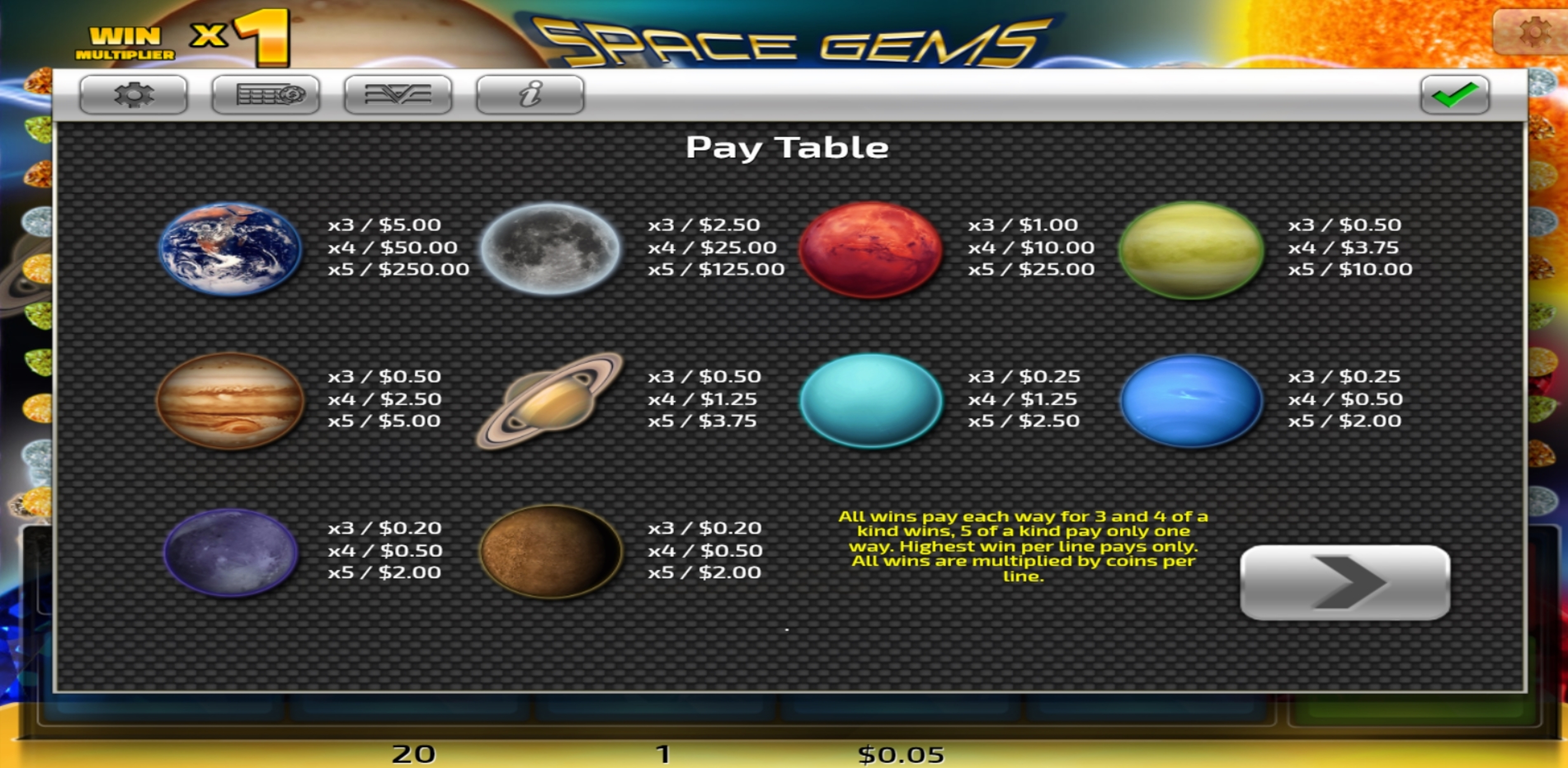 Info of Space Gems Slot Game by Concept Gaming