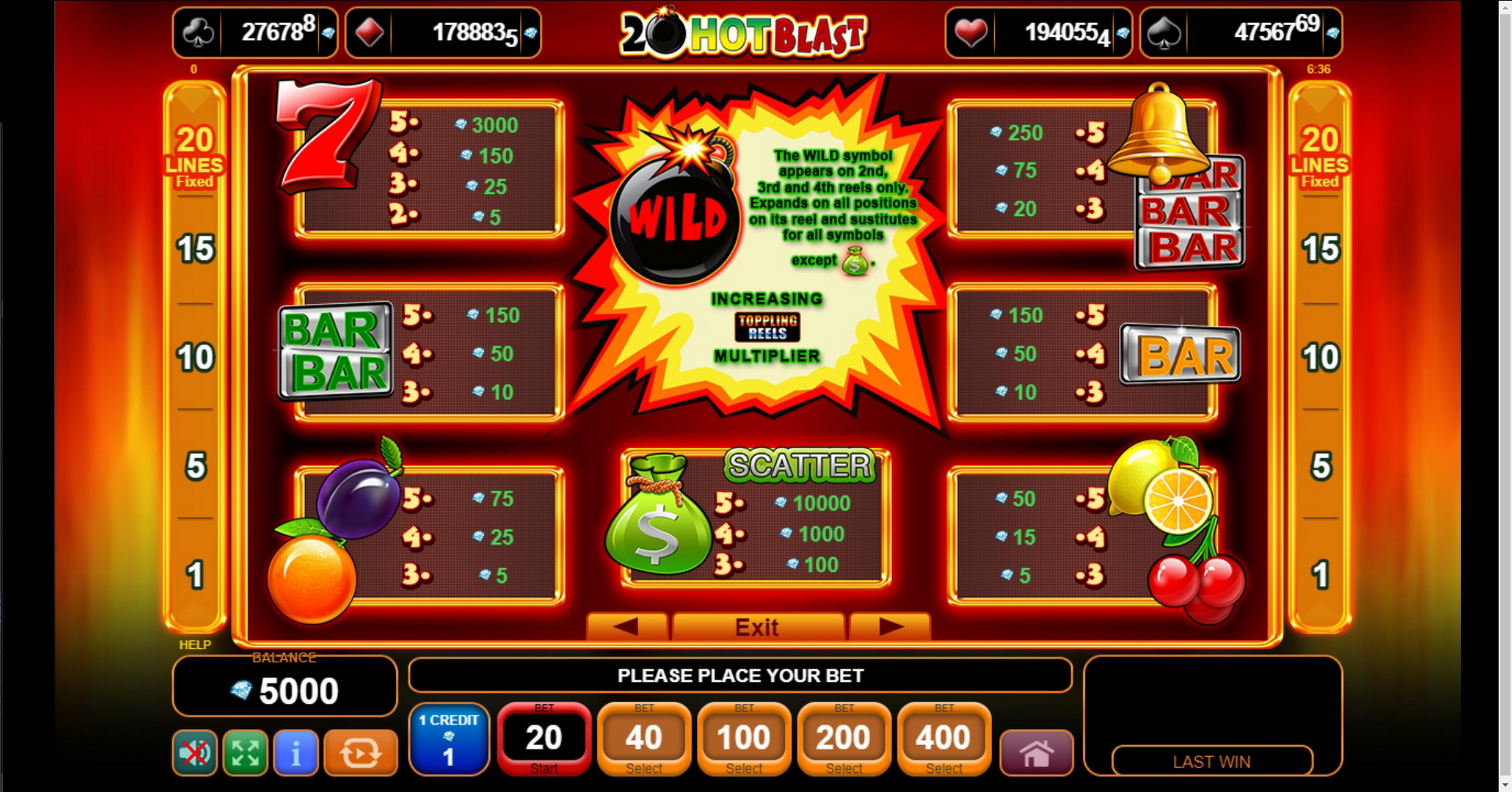 Info of 20 Hot Blast Slot Game by EGT