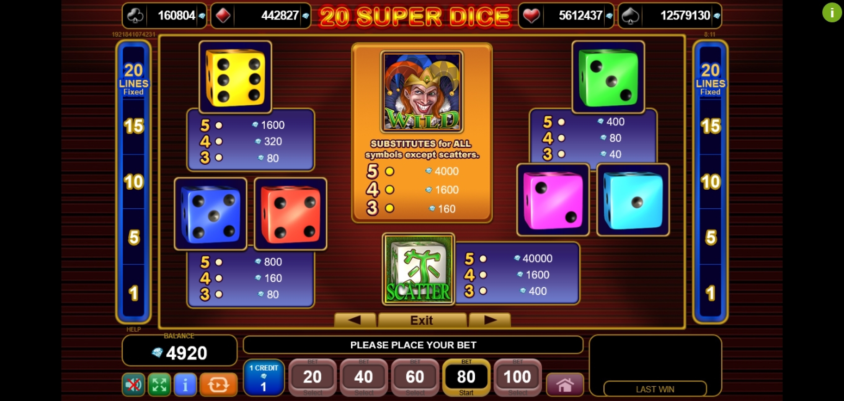 Info of 20 Super Dice Slot Game by EGT