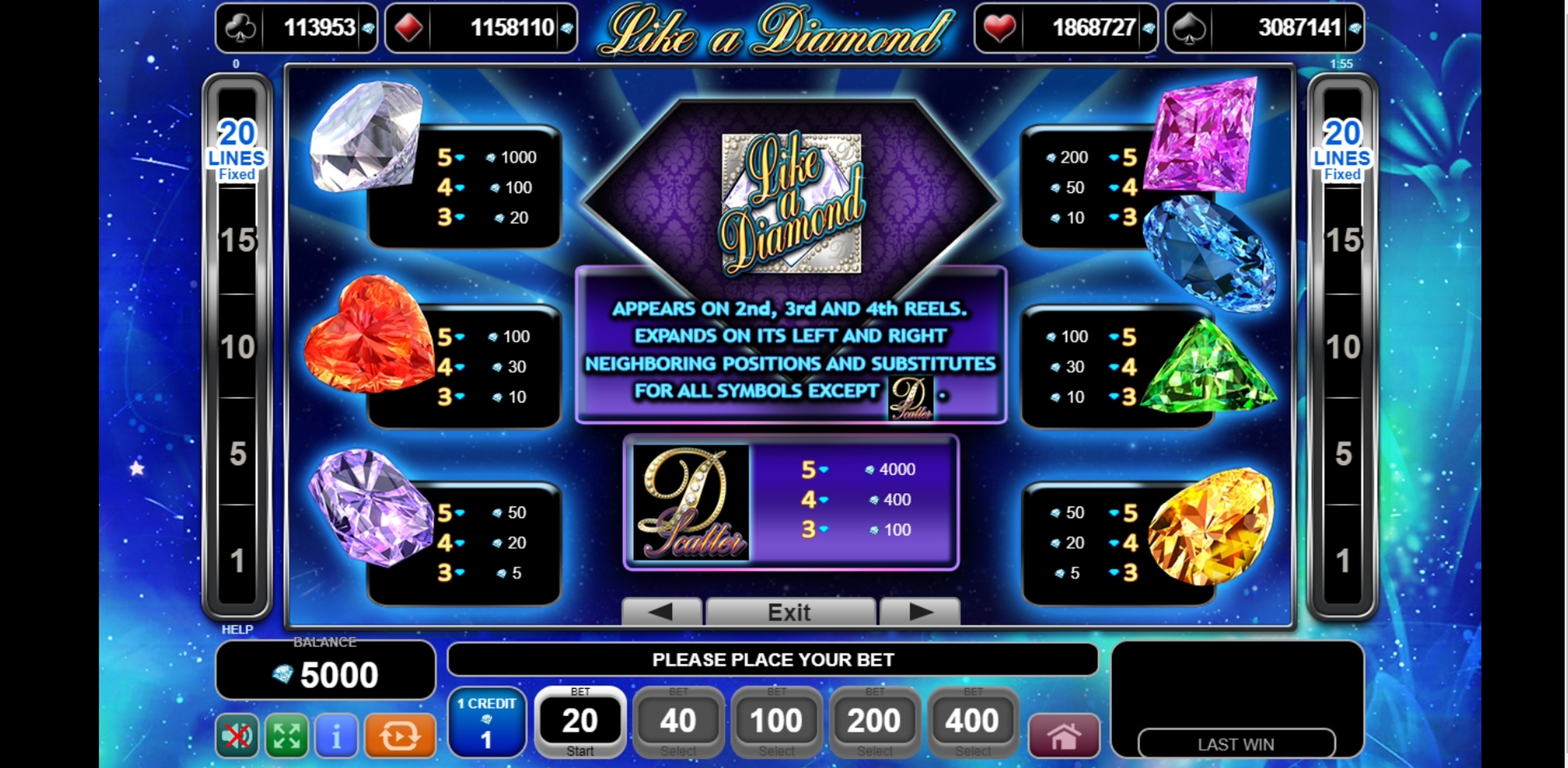 Info of Like a Diamond Slot Game by EGT