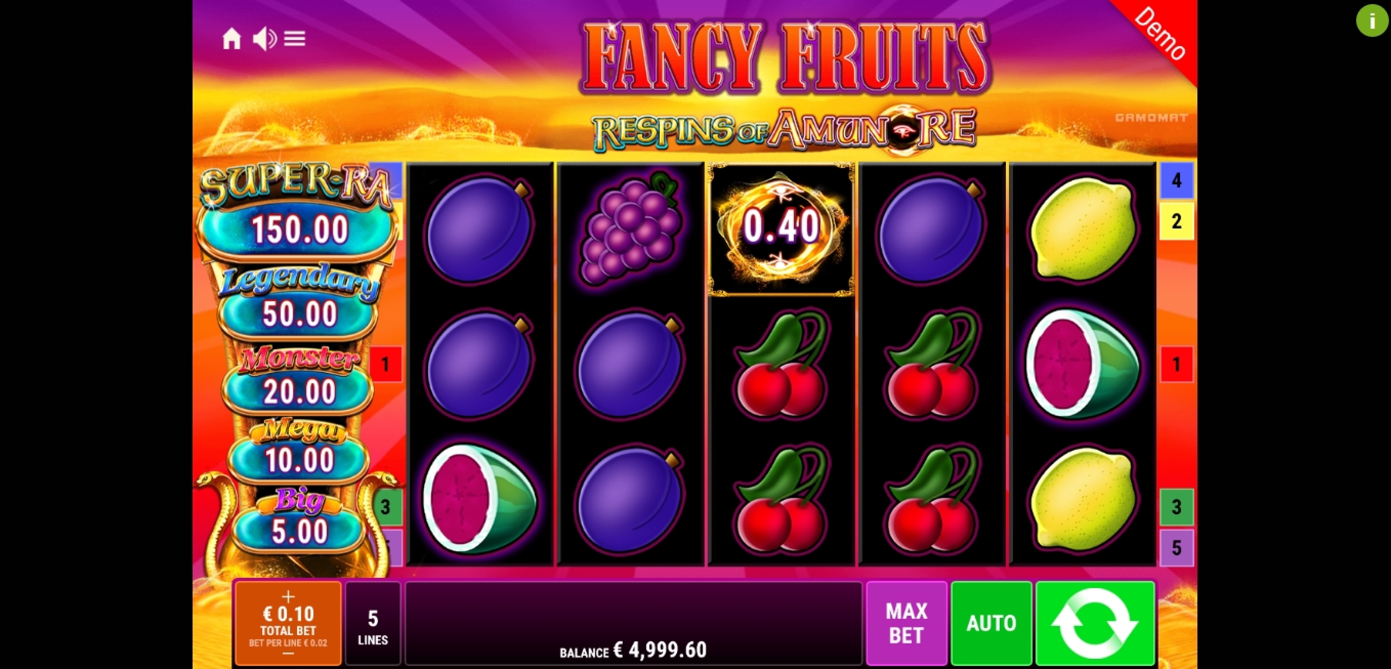 Win Money in Fancy Fruits Respins Of Amun-Re Free Slot Game by Gamomat