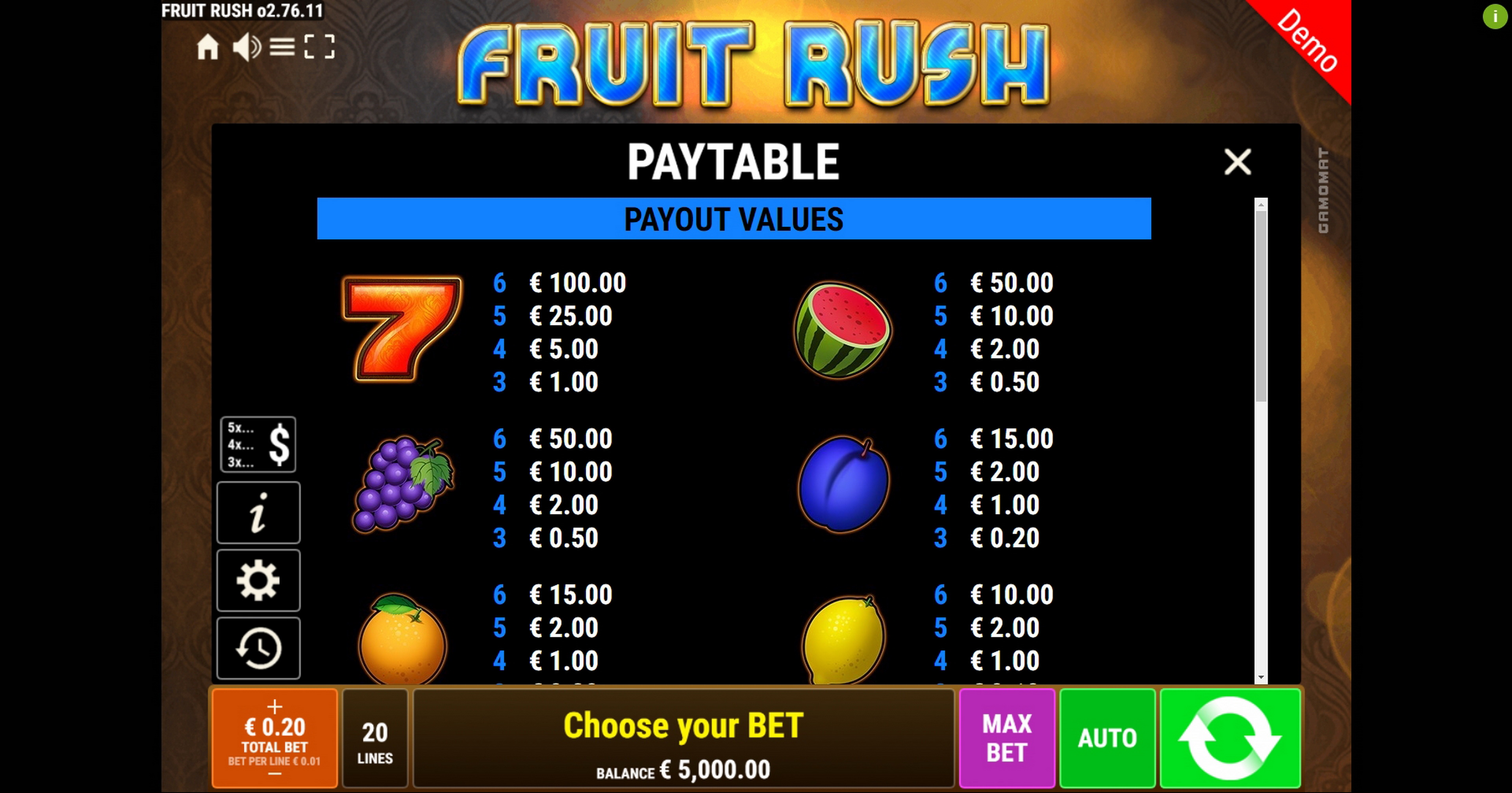 Info of Fruit Rush Slot Game by Gamomat