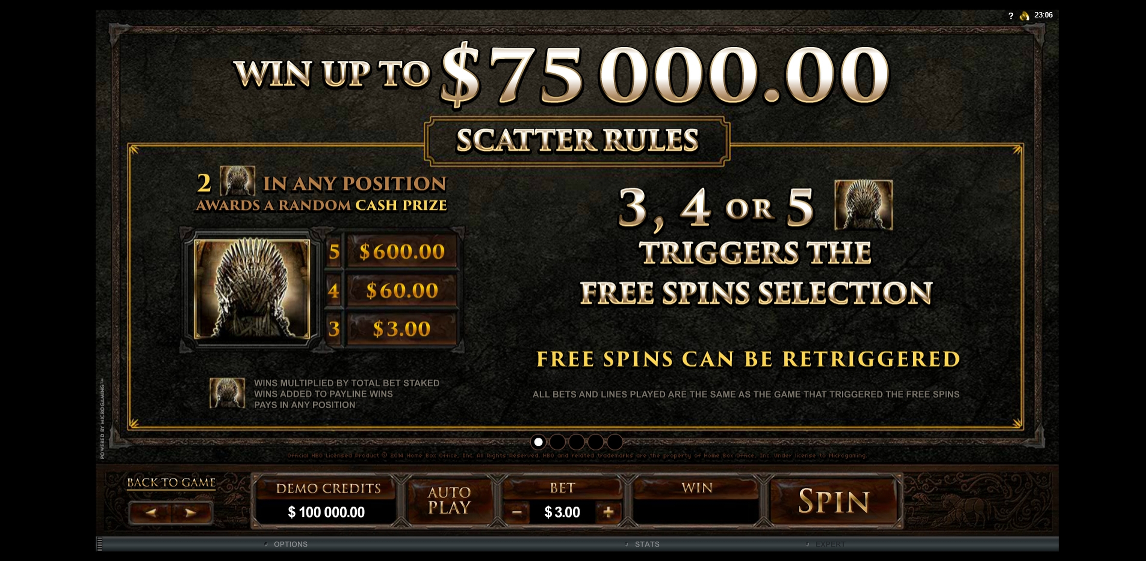 Info of Game of Thrones 15 lines Slot Game by Microgaming