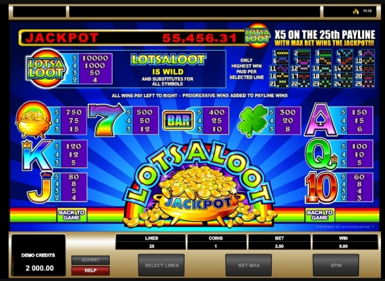 Info of Lots a Loot 5 Reel Slot Game by Microgaming