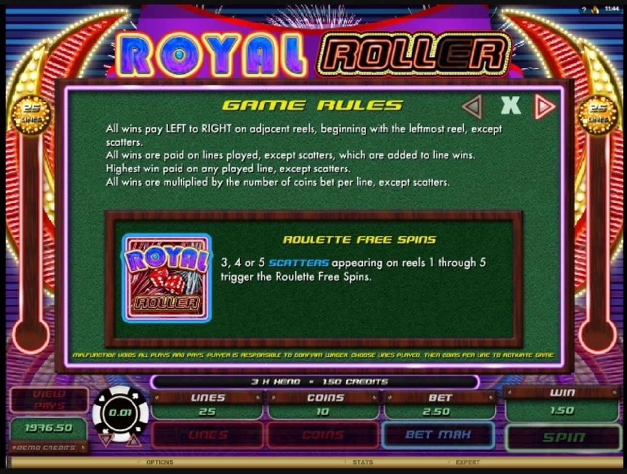 Info of Royal Roller Slot Game by Microgaming