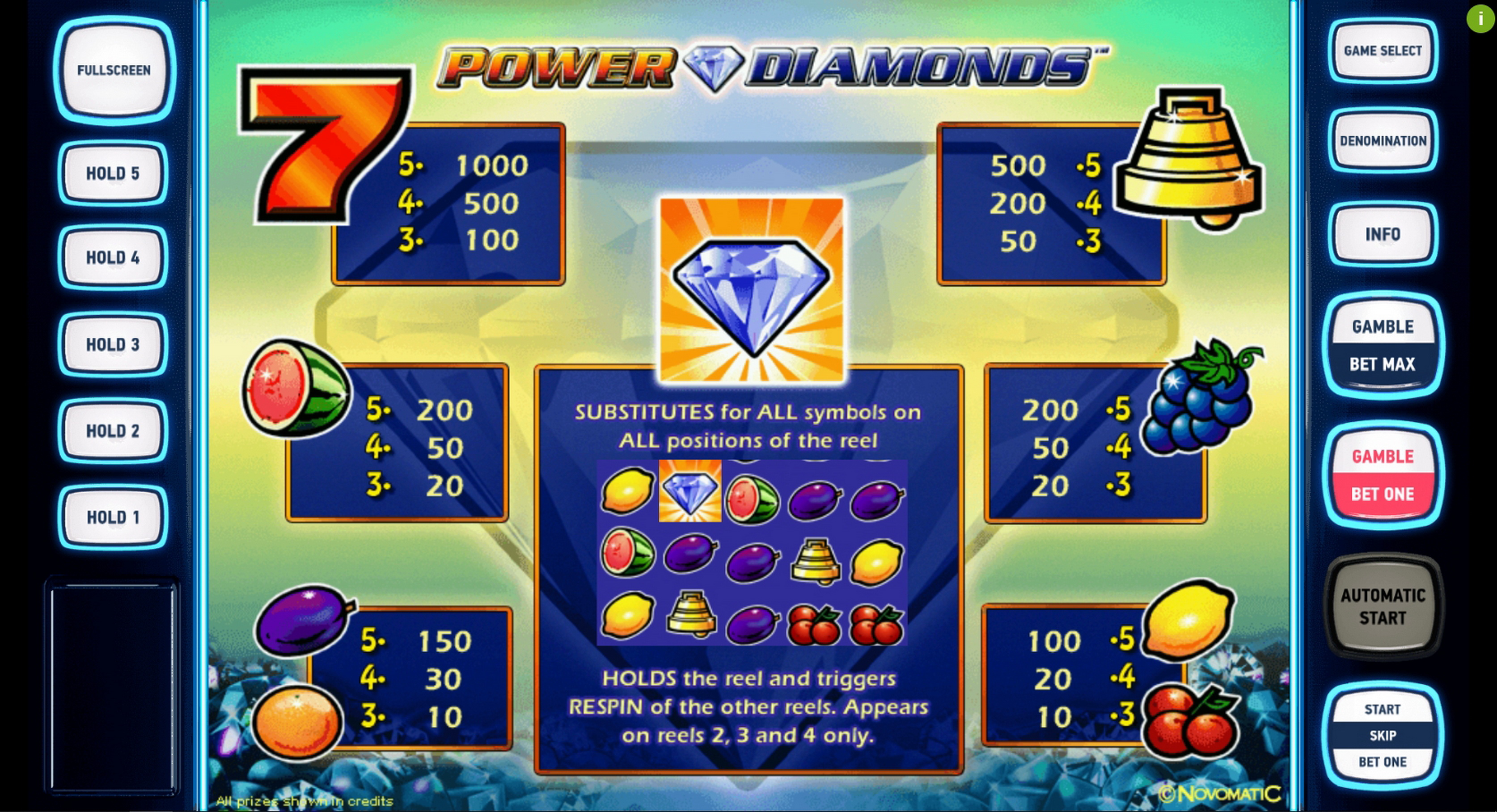 Info of Power Diamonds Deluxe Slot Game by Novomatic