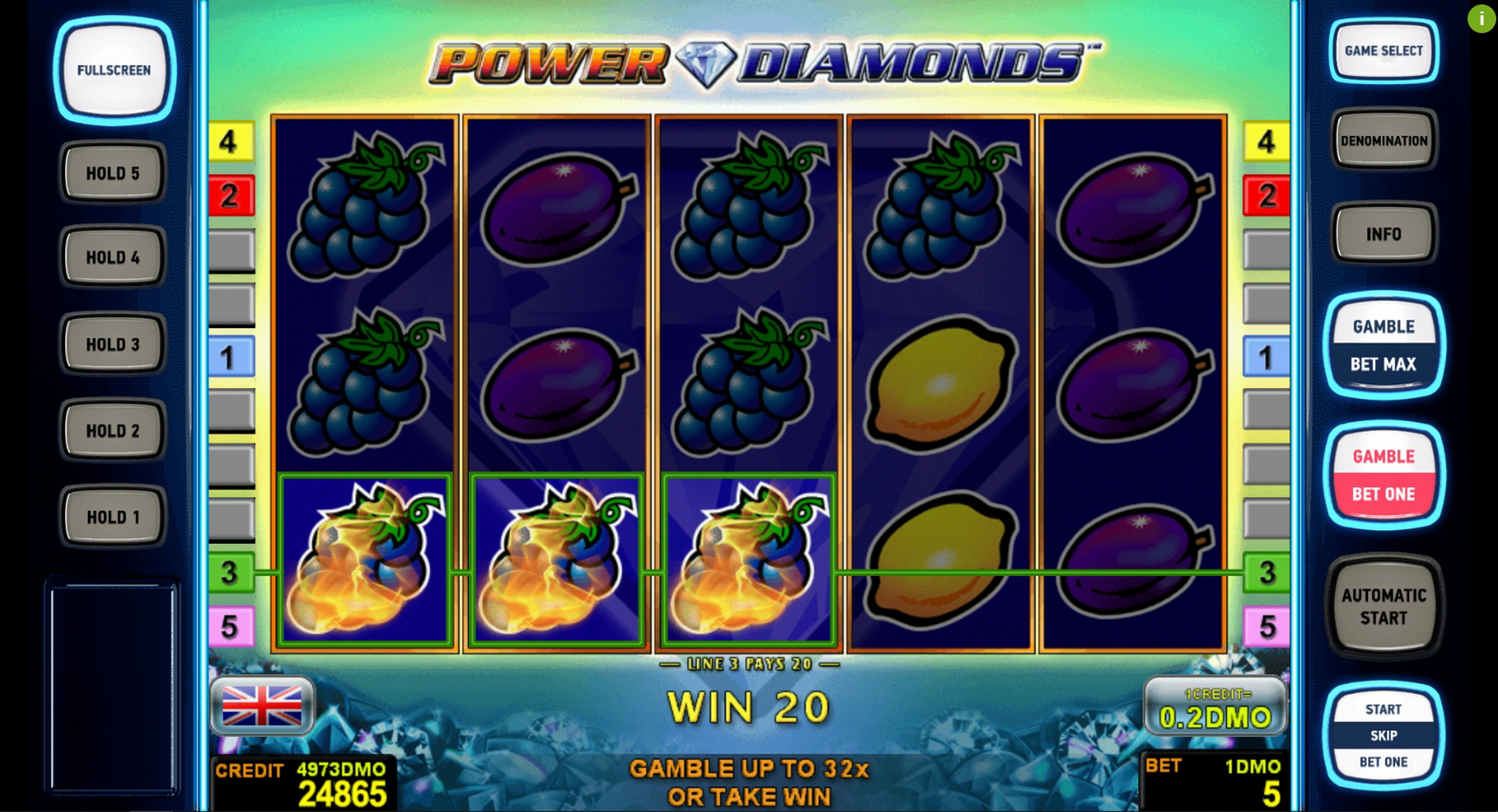 Win Money in Power Diamonds Deluxe Free Slot Game by Novomatic
