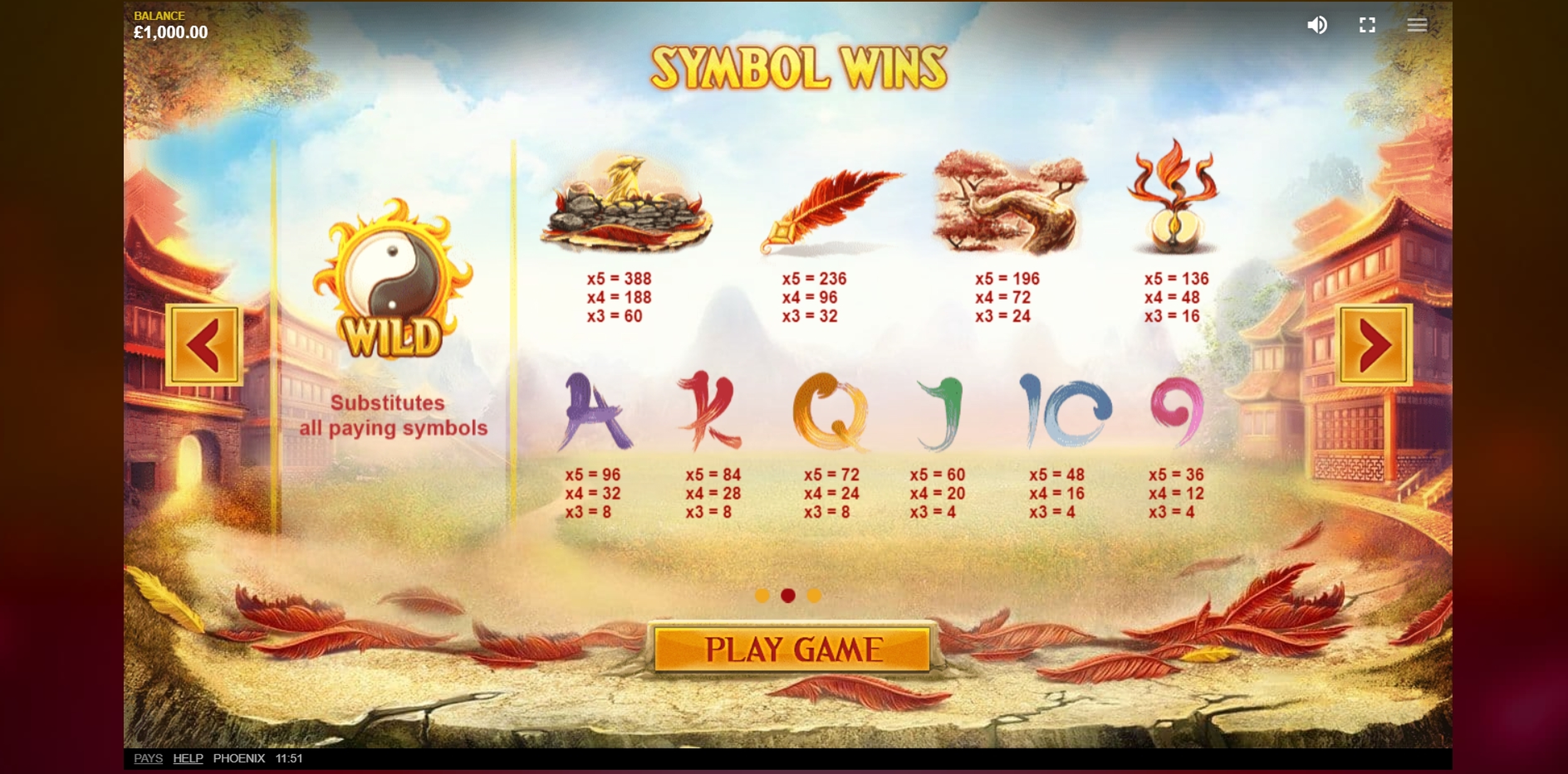 Info of Phoenix Slot Game by Red Tiger Gaming