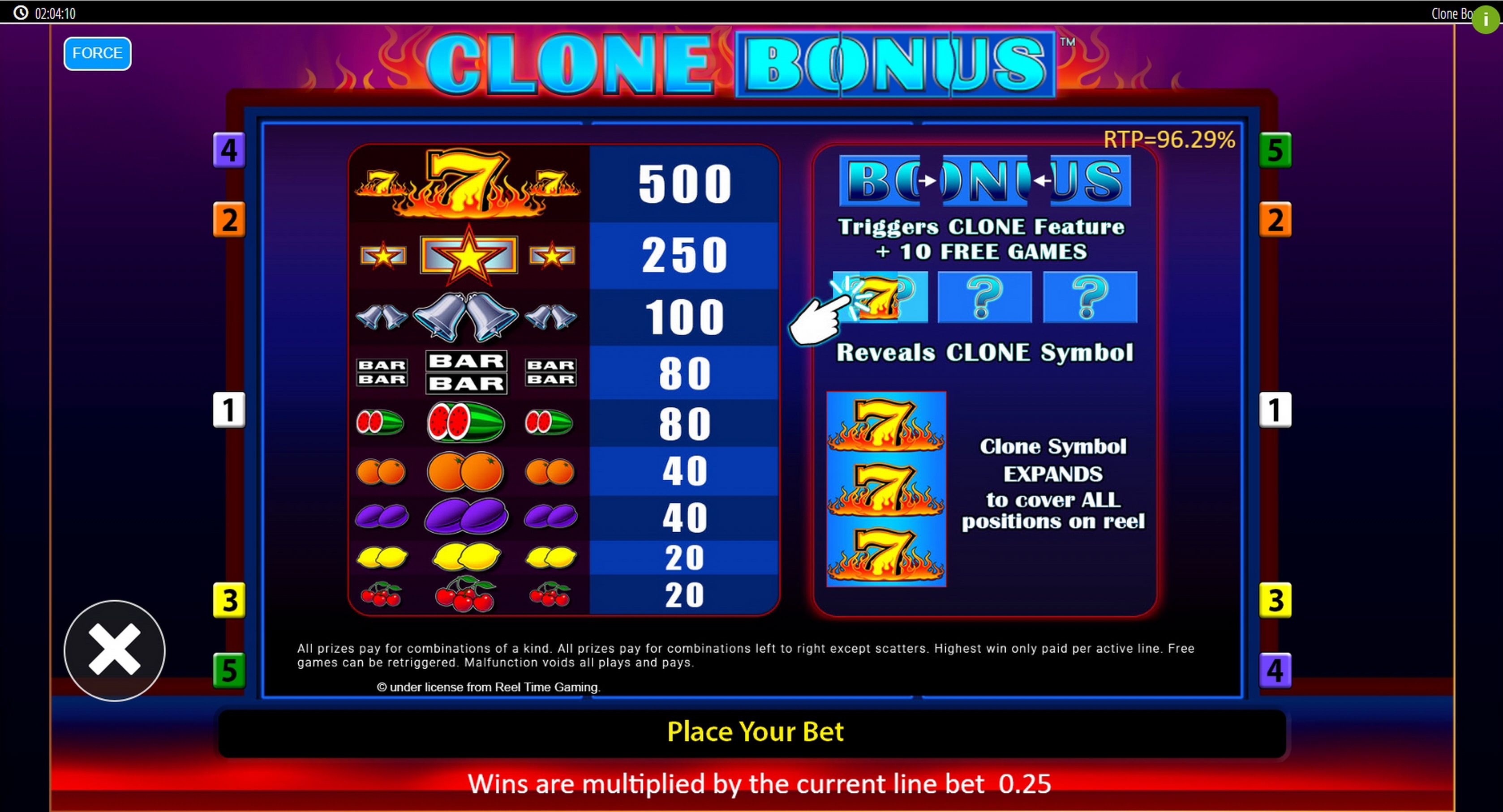 Info of Clone Bonus Slot Game by Reel Time Gaming